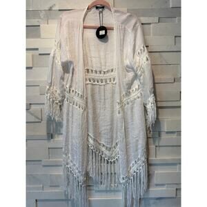 VIVID NWT Artsy Boho Long Sleeve Assymetrical Hem Fringed Kimono Crochet Trim  L